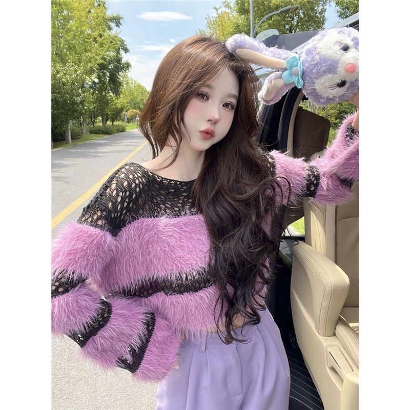 Milyfashion Áo sweater Ngắn Mềm Mại Họa Tiết Kẻ Sọc Rỗng Phối Tua Rua Thời Trang Mùa Thu Phong Cách Mới Cho Nữ