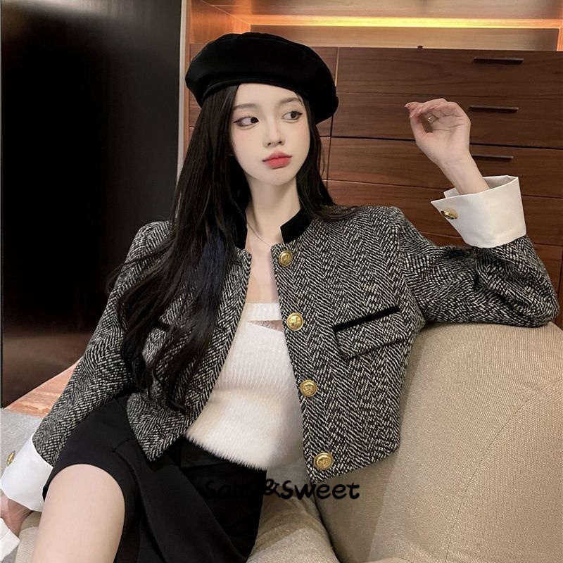 Salty&Sweet store Áo dạ tweed áo khoác dù áo khoác bomber fashionable Fashion Thanh lịch Cổ điển WJK23A07U8 42Z231016