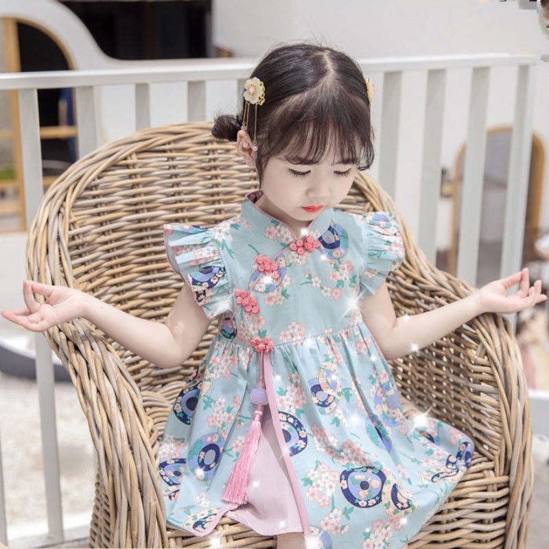 Đầm Sườn Xám In Hoa Tay Cánh Tiên Xinh Xắn Dành Cho Bé Gái