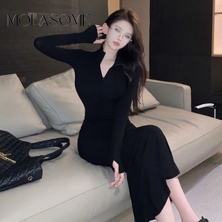 MOLASOME Đầm Maxi Nữ Thời Trang Mới Màu Trơn Cổ Polo Tay Dài Co Giãn Slim Fit