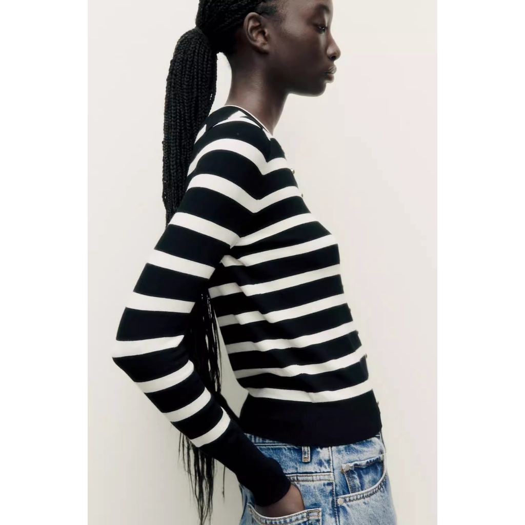 Zara Áo Khoác cardigan Dệt Kim Họa Tiết Kẻ Sọc Ngọt Ngào Thời Trang Mùa Thu Cho Nữ 0506110 800