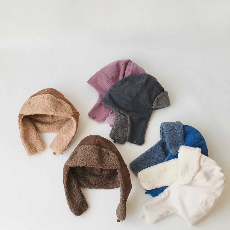 Mũ Phi Công Vải Nhung Lông Xù Màu Trơn Bảo Vệ Tai Chống Gió Mùa Đông Hàn Quốc Cho Trẻ Em