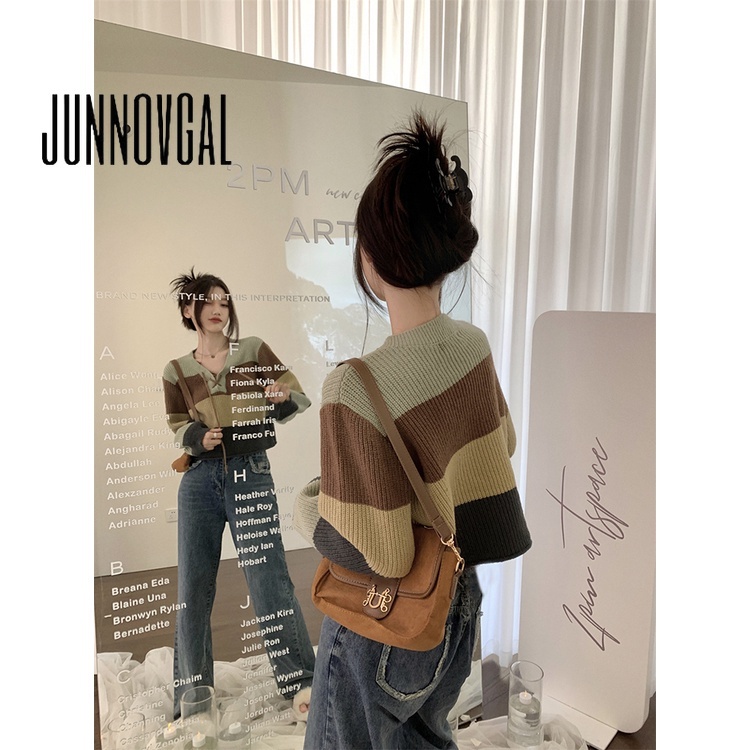 Junnovgal Áo Sweater Cổ Chữ v Tay Dài Dáng Ôm Phối Màu Tương Phản Thời Trang 2023