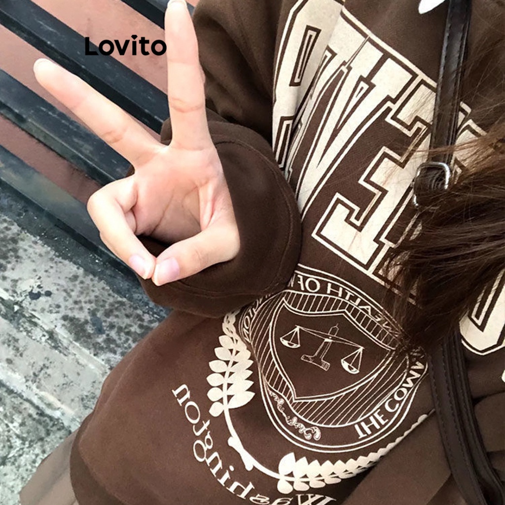 Áo sweatshirt Lovito cơ bản họa tiết chữ thường ngày cho nữ LNE19164 (Màu nâu)