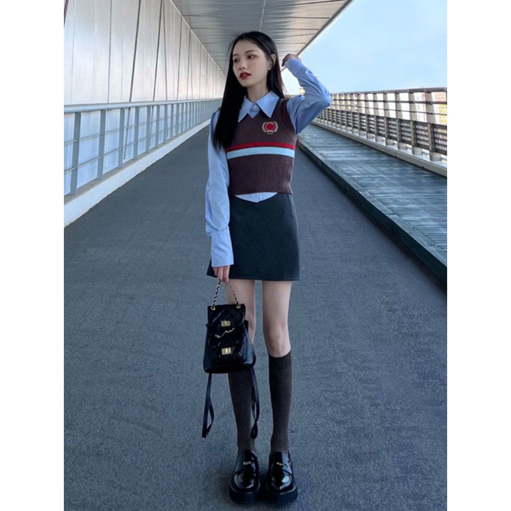 Bộ Áo Thun polo Dệt Kim + Chân Váy Ngắn Lưng Cao Họa Tiết Kẻ Sọc Phong Cách retro Mỹ Cho Nữ