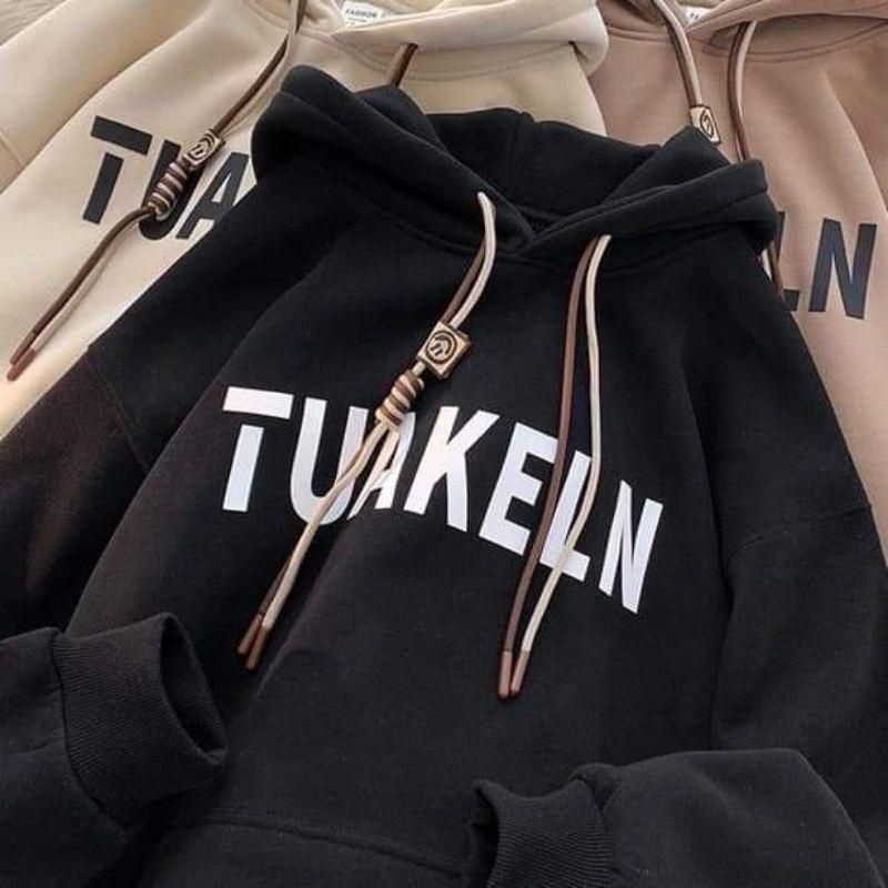 Áo hoodie nỉ bông in chữ TUAKELN 2 dây