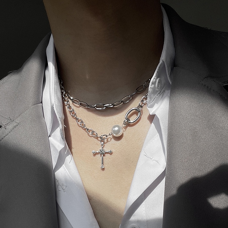 Vòng cổ Chuỗi Hạt Ngọc Trai Mặt Thánh Giá Phong Cách hip hop Cho Nam