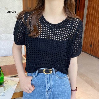 Áo Thun Dệt Kim Mỏng Tay Ngắn Cổ Tròn Màu Trơn Co Giãn Chống Nắng Dành Cho Nữ
