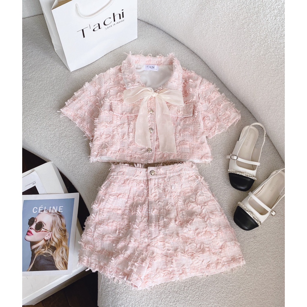 SET CROPTOP DẠ HỒNG LÔNG VŨ THẮT NƠ VOAN + CHÂN VÁY