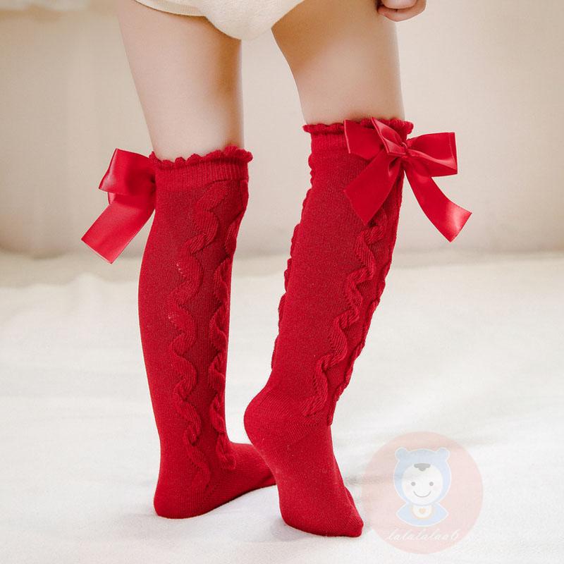 Laa6-trẻ Em Gái Vớ Dài Đến Đầu Gối Màu Trơn Thắt Nơ Dễ Thương