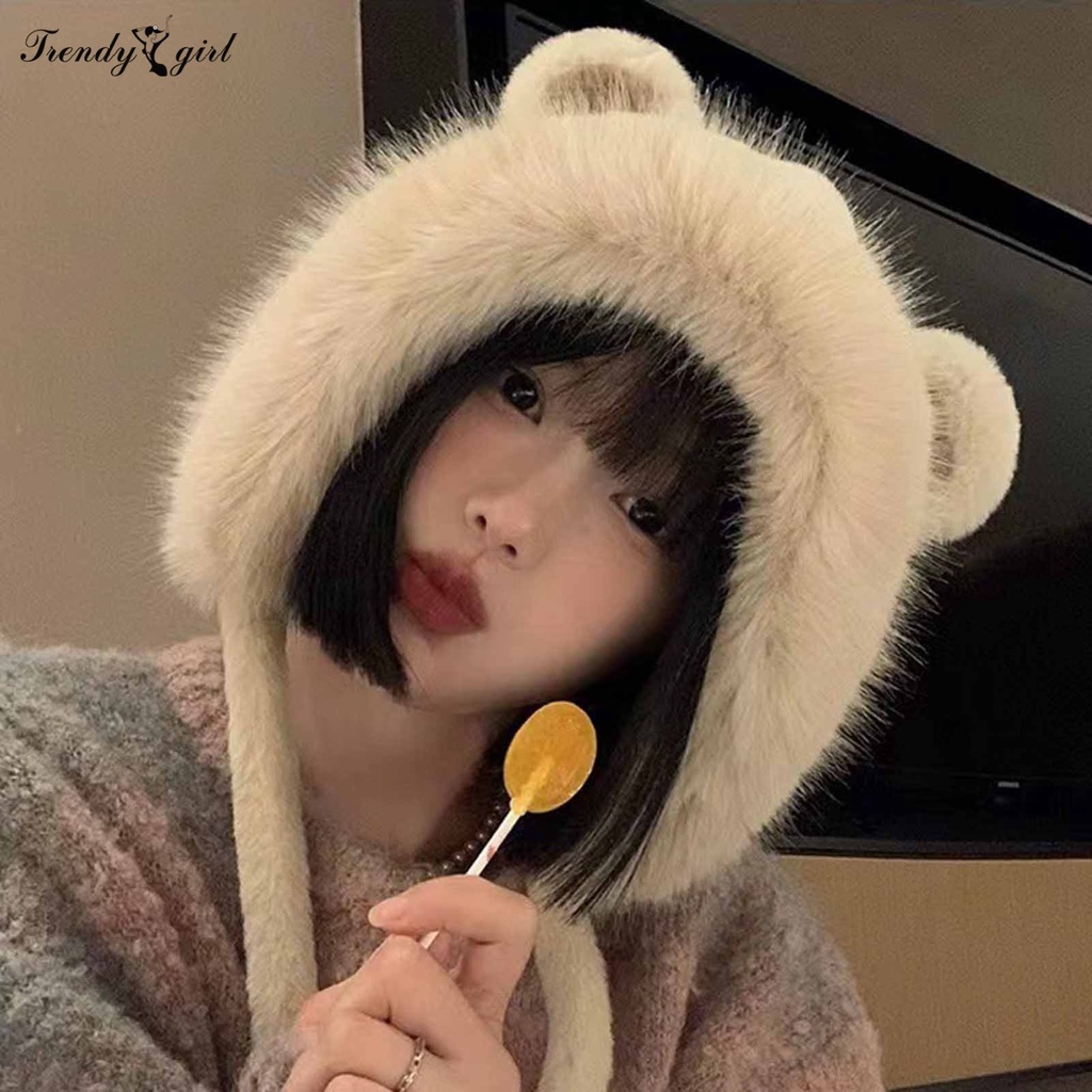 Mũ Trùm Đầu Vải Bông Dày Dặn Mềm Mại Giữ Ấm Tai Gấu Dễ Thương Có Dây Đeo Chống Gió Mùa Thu Đông Dành Cho Bạn Nữ Đi Xe Đạp Ngoài Trời