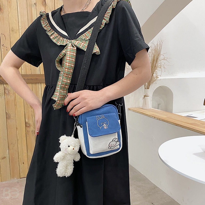 Túi Đeo Chéo Vải canvas Dáng Vuông Nhỏ Màu Sắc Tương Phản Phong Cách Hàn Quốc Thời Trang Cho Nữ