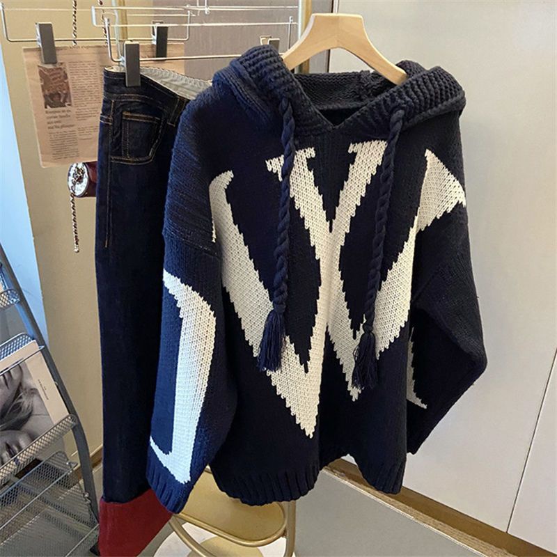 Áo Khoác Dệt Kim Có Mũ Trùm Dáng Rộng In Họa Tiết Thời Trang Thu Đông Cho Nữ