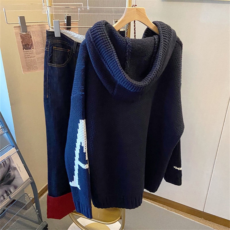 Áo Khoác Dệt Kim Có Mũ Trùm Dáng Rộng In Họa Tiết Thời Trang Thu Đông Cho Nữ