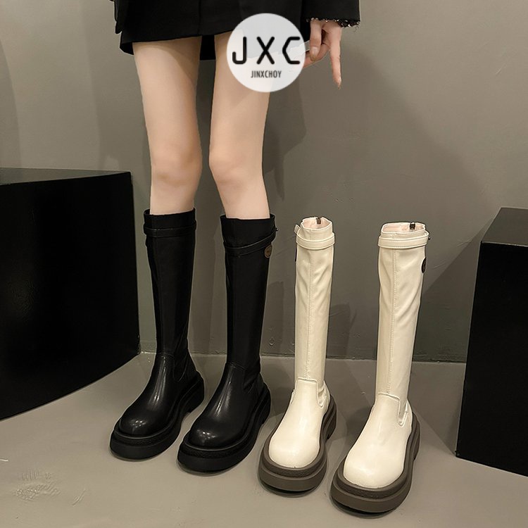 Giày Bốt Da pu Gót Thấp Mũi Tròn Phối Khóa Kéo Sau Phong Cách Anh Quốc Thời Trang Mùa Đông Cho Nữ