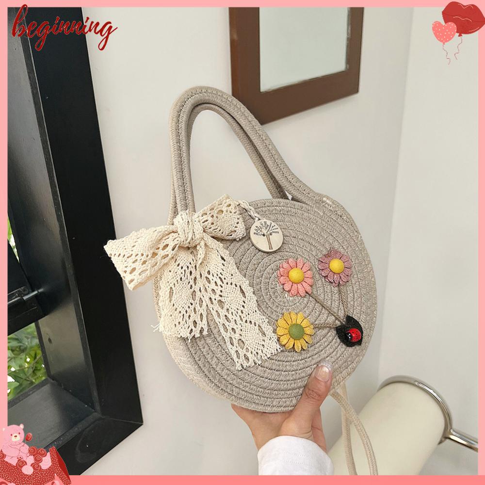 Túi Đeo Chéo Đan Len Hình Tròn Đính Hoa Dễ Thương Thời Trang Mùa Hè Cho Nữ