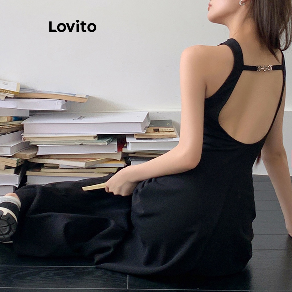 Đầm Lovito hở lưng màu trơn thường ngày cho nữ LNA21062 (màu đen)
