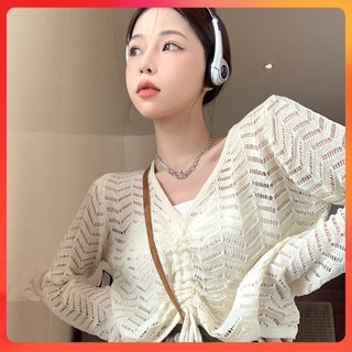  Áo len LƯỚI QC Montoghi cổ V SÓNG NHỌN phối DÂY RÚT tay dài