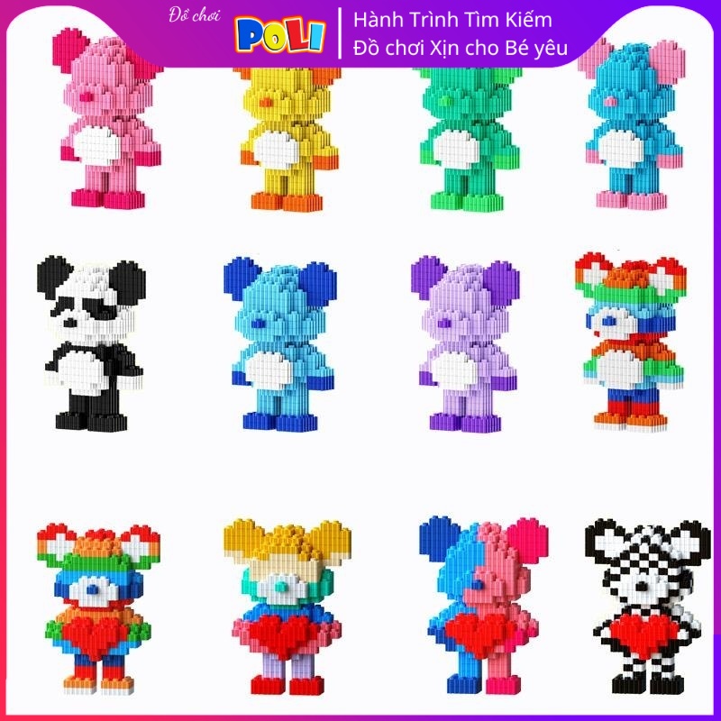 Đồ chơi lắp ráp mô hình lego 3D xếp hình mini Gấu Bearbrick đứng vui nhộn nhiều màu cao 12cm