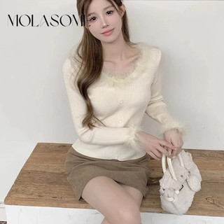 MOLASOME Nữ Phong Cách Mới Màu Trơn Cổ Tròn Tay Dài Slim Fit Áo Thun