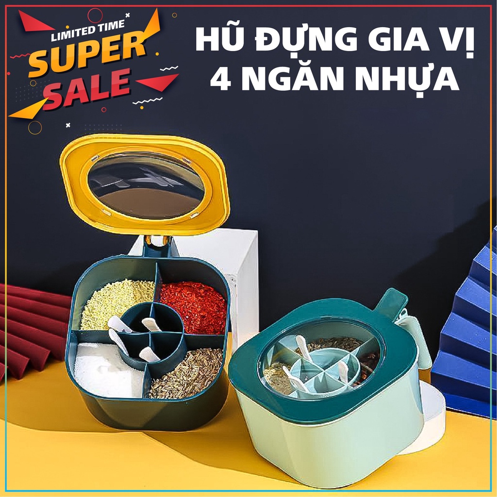 Hộp Đựng Gia Vị Chia 4 Ngăn, có nắp đậy kèm thìa tiện Ích Nhà Bếp