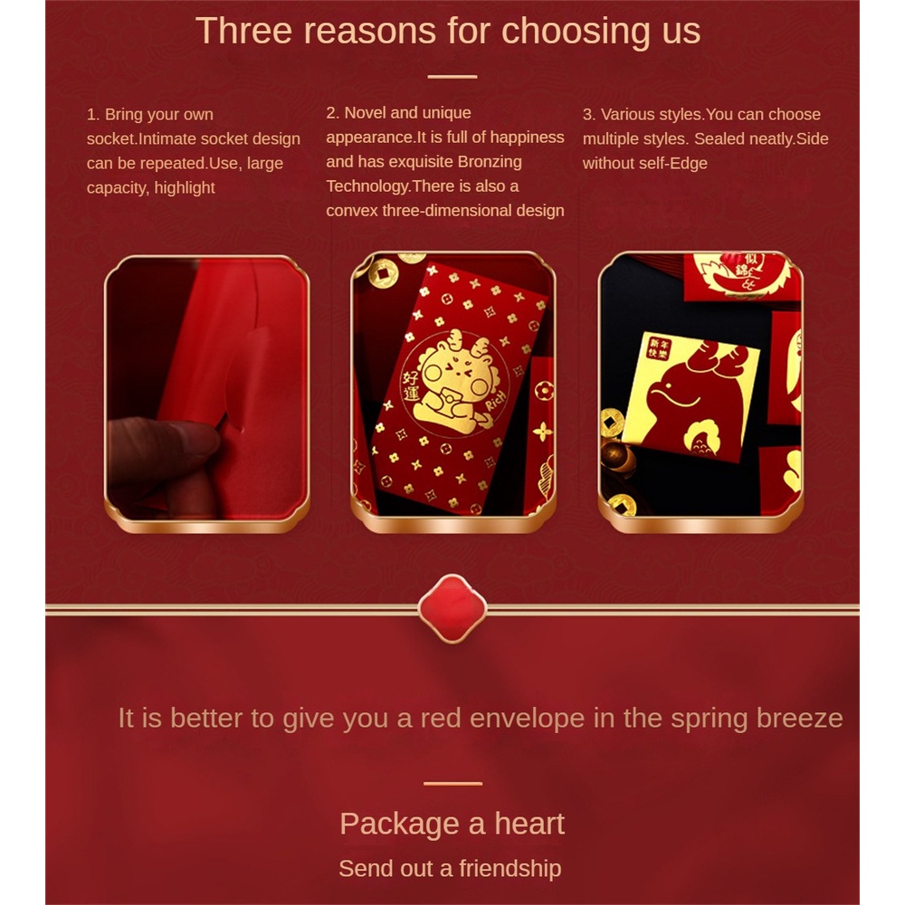 2024 Năm con Rồng Phong bì màu đỏ sáng tạo Phim hoạt hình cá nhân và sáng tạo Phong bì màu đỏ Năm con rồng Lễ nghi dày đặc chất lượng cao Phong bì màu đỏ năm mới