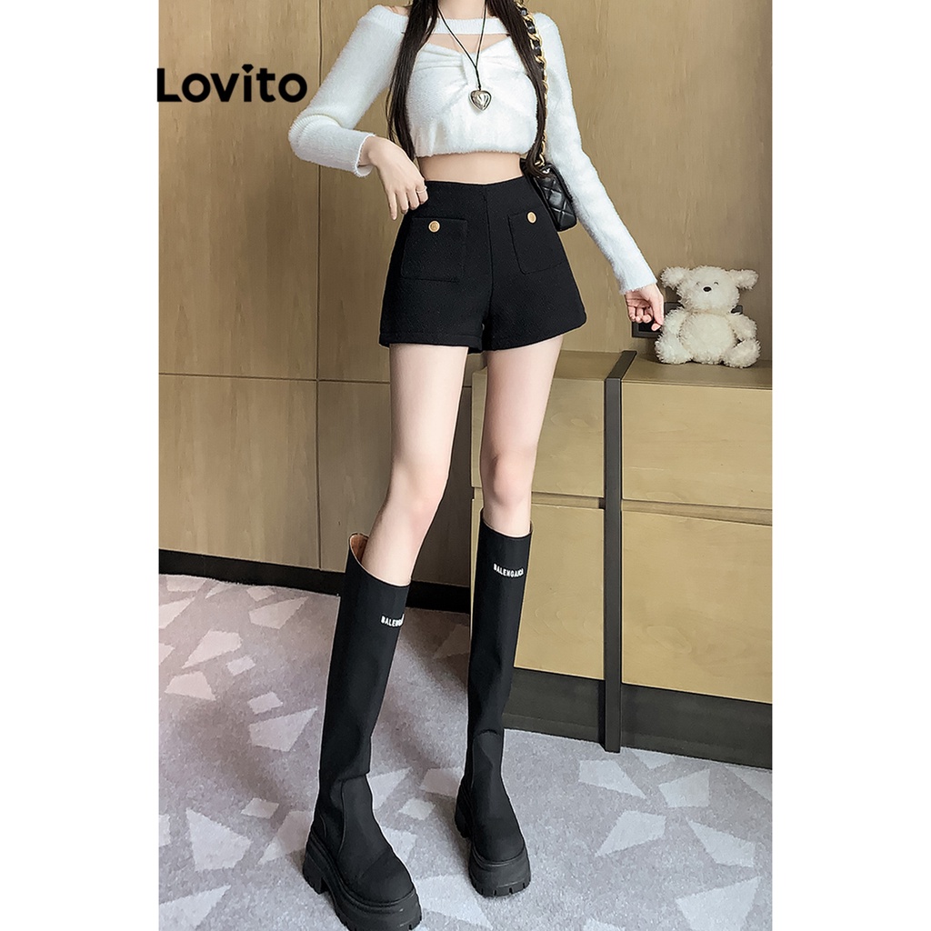 [Mã FADEP2212 giảm 10k đơn từ 99k] Lovito Quần Short Cài Cúc Trơn Thanh Lịch Cho Nữ LNE34054 (Mơ/Đen)