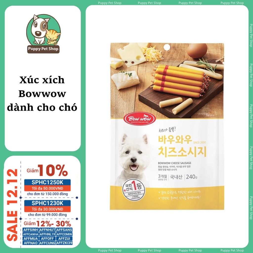 Bowwow Xúc Xích Đồ Thưởng Cho Chó Vị Phomai 240g