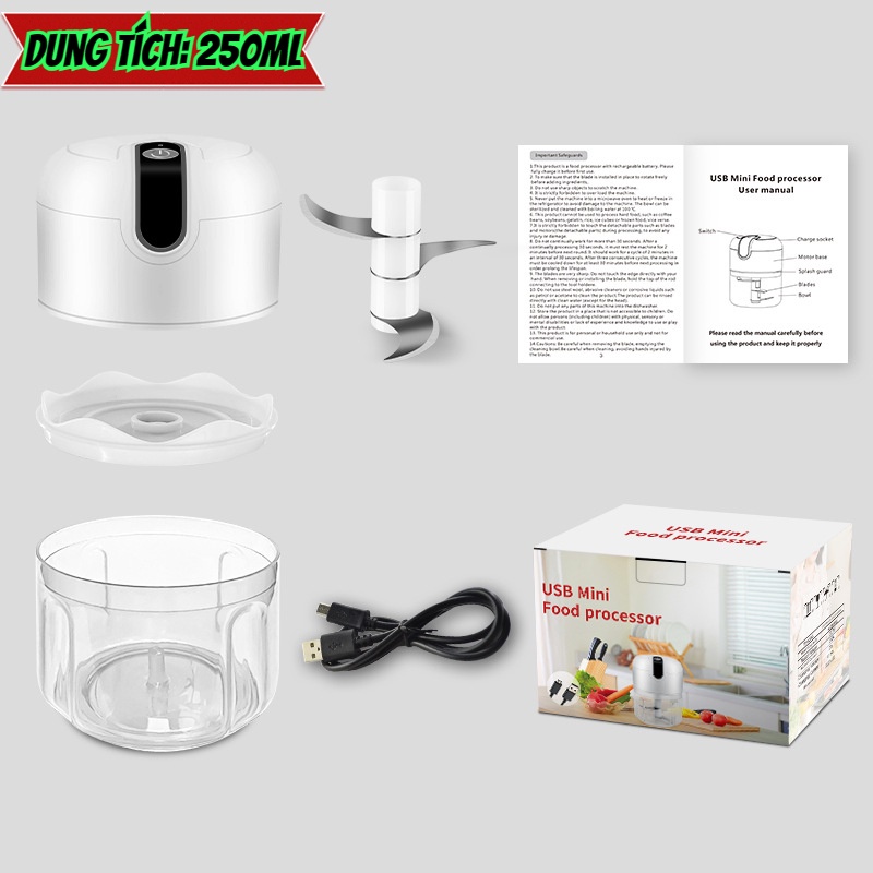 Máy xay tỏi ớt đa năng LAMJAD Siêu thị dòng mini sạc điện 250ml công suất 300w