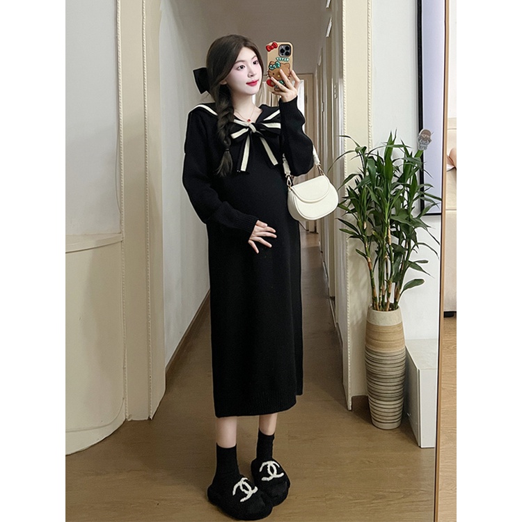 Đầm Dệt Kim Dáng Dài Cổ Thủy Thủ Thời Trang Thu Đông Xinh Xắn Cho Mẹ Bầu