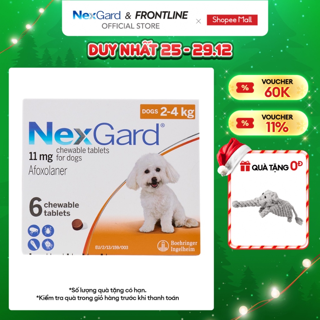 NexGard - Viên nhai phòng & trị ve, rận, bọ chét, ghẻ demodex, sarcoptes dành cho chó size XS  - 1 hộp 6 viên