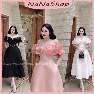 Đầm Xòe Chất Liệu Tapta Phối Bèo Đính Đá Trễ Vai Xẻ Ngực Dáng Midi Chiết Eo Siêu Tôn Dáng