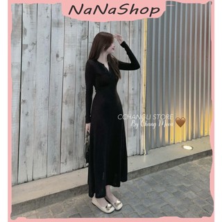 Đầm tăm lạnh maxi dáng xòe chiết eo tay dài cổ tròn ba màu, Đầm nữ dáng dài ôm eo xòe nhẹ trơn cổ đính nút