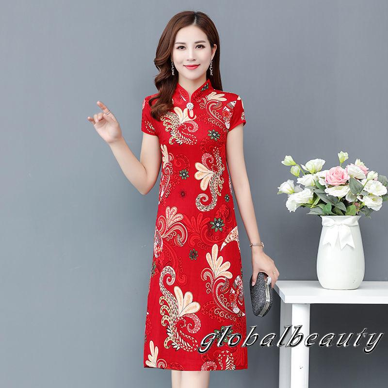 Đầm Sườn Xám bigsize Cách Tân Họa Tiết Vintage Trung Hoadài qua gối/sườn xám trung niên