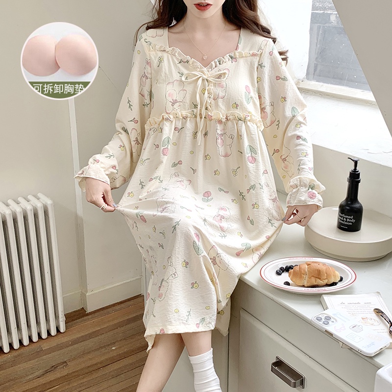 Đầm Ngủ Tay Dài Có Mút Đệm Ngực Thiết Kế Mới Ngọt Ngào Thời Trang Mùa Thu Dành Cho Nữ