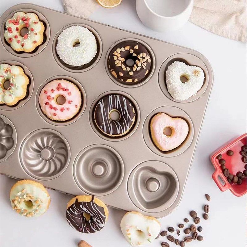 12 khuôn bánh Donut Khuôn nướng bánh không dính Khuôn nướng bánh Donut tròn ba hoa bốn hoa bánh Donu