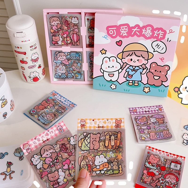 Set hộp 100 tấm sticker 1000 hình dán chống nước nhiều phong cách cute dễ thương   RYVN