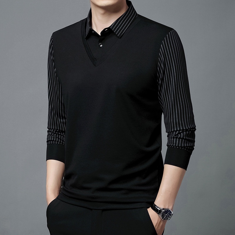 Áo polo Giả Hai Lớp Phong Cách Hàn Quốc Thời Trang Xuân Thu Cho Nam Trung Niên