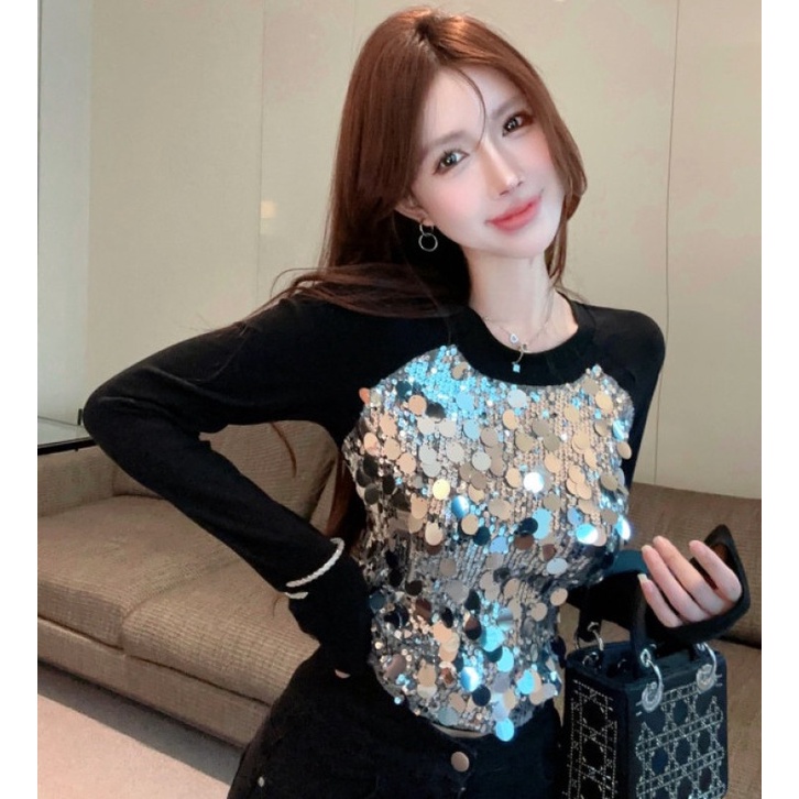 Áo Thun Tay Dài Đính Kim Sa Lấp Lánh Dễ Phối Đồ Thời Trang Mùa Thu