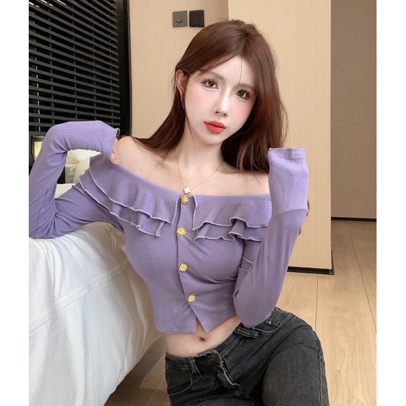 Áo Thun Tay Dài Cổ Chữ v Nhún Bèo Thời Trang Mùa Thu Quyến Rũ Cho Nữ