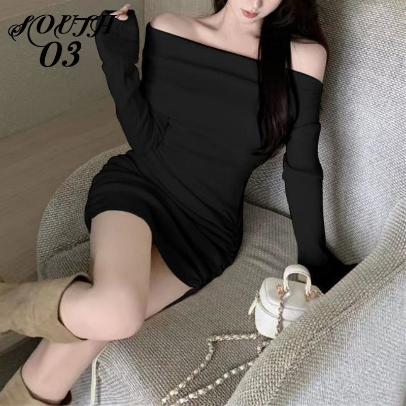 One Đầm Dệt Kim Tay Dài Hở Vai Phối Dây Rút Thời Trang Mùa Thu 2024 Cho Nữ