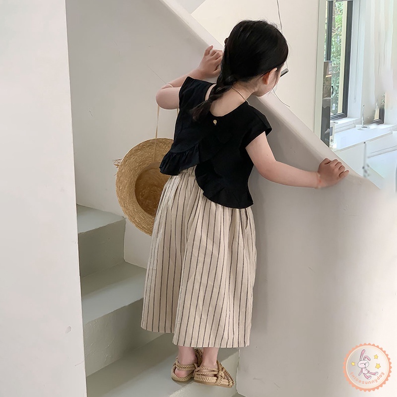 Set Đồ Đi Biển Gồm Áo Không Tay Màu Trơn Và Quần Dài In Họa Tiết Kẻ Sọc Thời Trang Cho Bé Gái