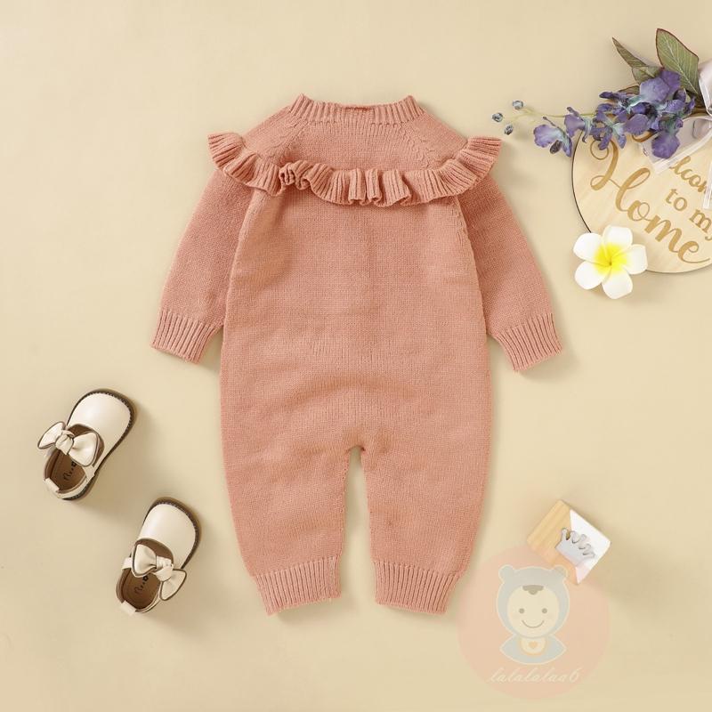 Bộ Áo Liền Quần Dệt Kim Tay Dài Nhún Bèo Màu Sắc Xinh Xắn Cho Bé Gái laa6