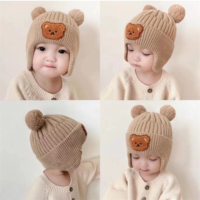 Mũ Nón Len Bịt Tai Mùa Đông Cho Bé Đính Hình Gấu Tai Bông Dễ Thương