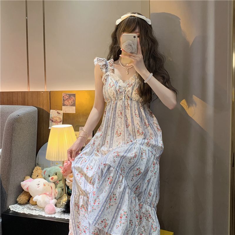 Đầm Ngủ Hai Dây Dáng Dài Phong Cách Công Chúa Dễ Thương Ngọt Ngào Thời Trang Mùa Hè Cho Nữ