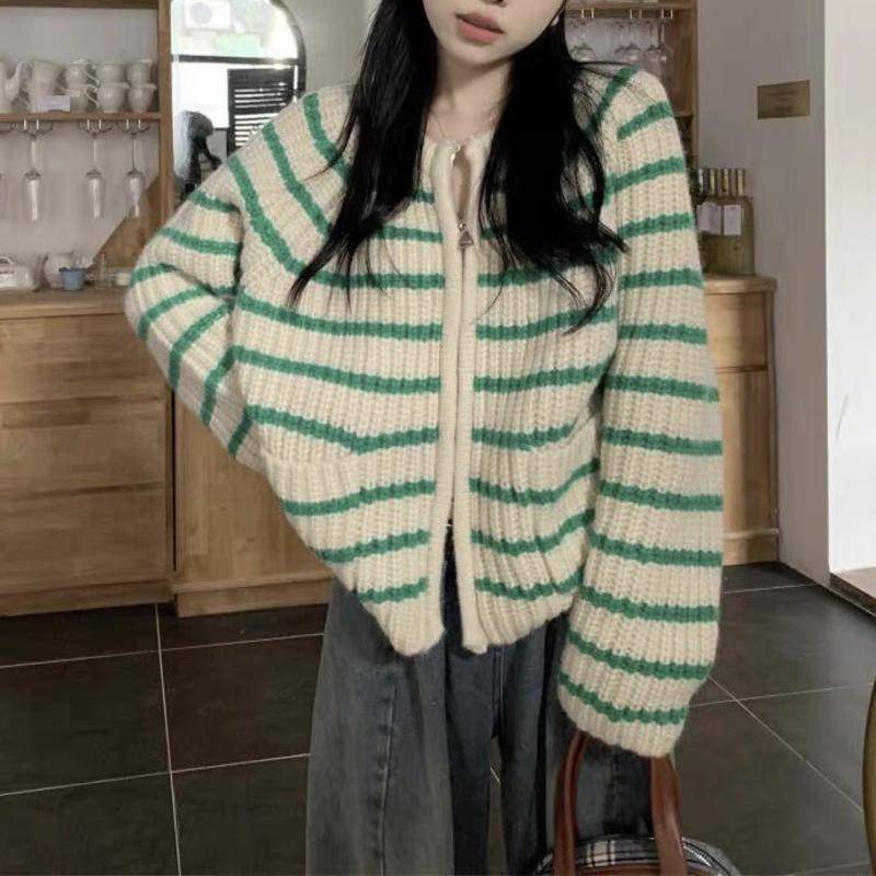 Áo Khoác cardigan Dệt Kim Họa Tiết Kẻ Sọc Màu Sắc Tương Phản Thời Trang Thu Đông Cho Nữ