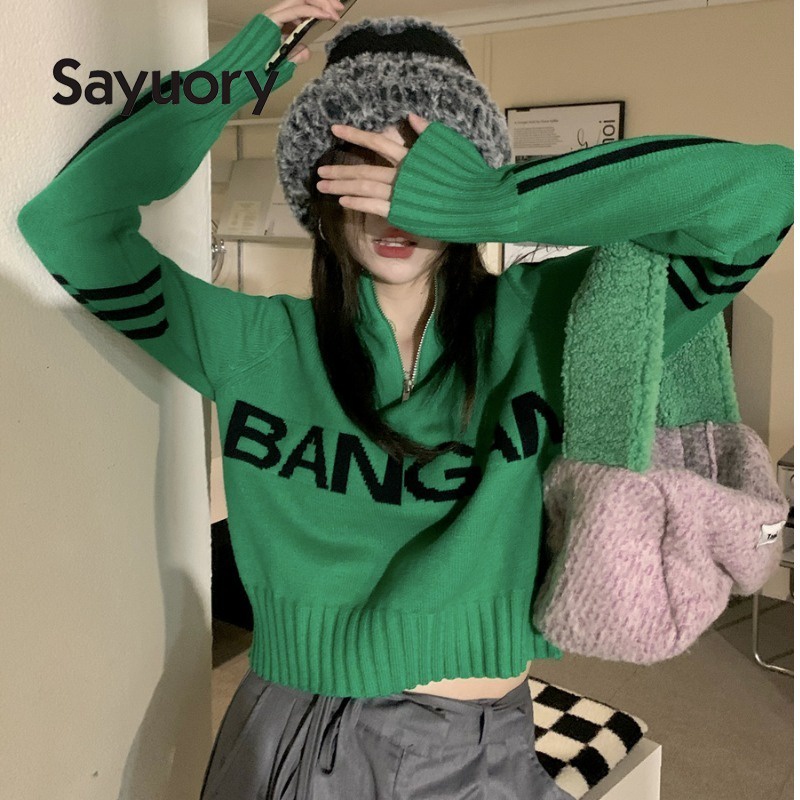 Áo sweater Dệt Kim Cổ Đứng Kẻ Sọc Màu Xanh Lá Phối Khóa Kéo Thời Trang 2023 Cho Nữ