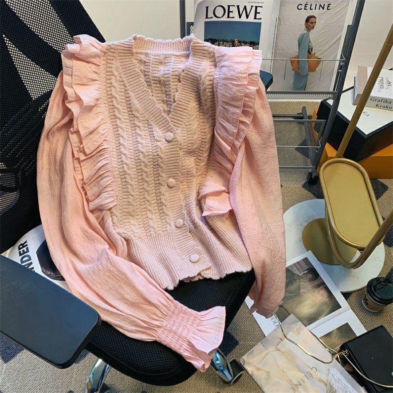 Áo Khoác cardigan Dệt Kim Phối Voan Nhún Bèo Ngọt Ngào Thời Trang Cao Cấp