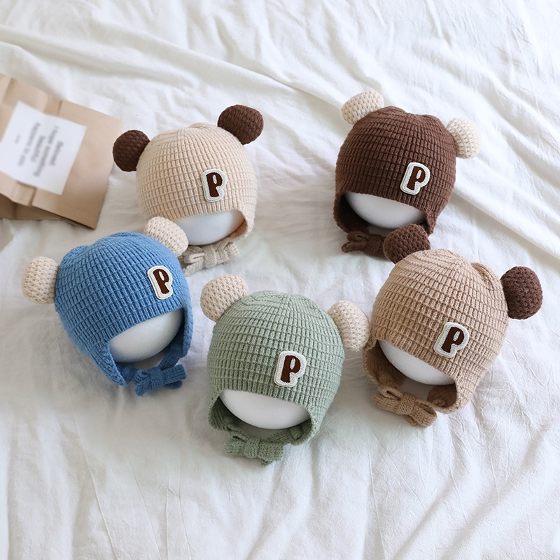 Mũ Len Dệt Kim Trùm Tai Gấu Siêu Dễ Thương Chống Gió Thời Trang Thu Đông Cho Bé