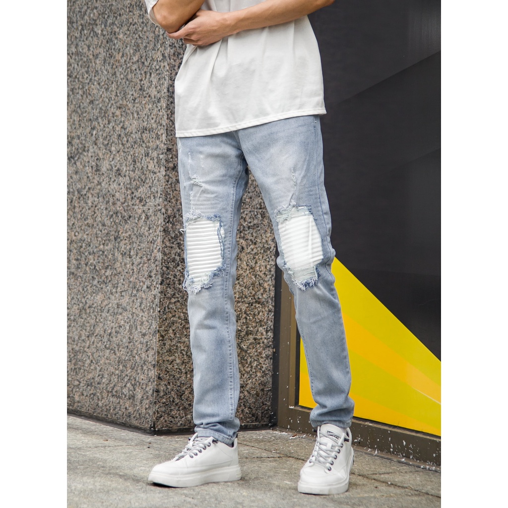 Quần jean nam rách gối vá màu xanh nhạt xước co giãn phom ôm dáng slimfit VNXK pon.mens hà nội hcm
